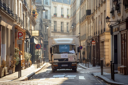 Camion de déménagement garé à Paris avec panneau d'autorisation de stationnement spécifique pour déménageurs
