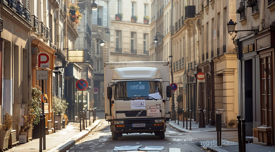 Camion de déménagement garé à Paris avec panneau d'autorisation de stationnement spécifique pour déménageurs