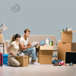 "Couple heureux emballant des cartons pour déménager et suivre le travail du conjoint, guide ultime pour une transition sans stress"