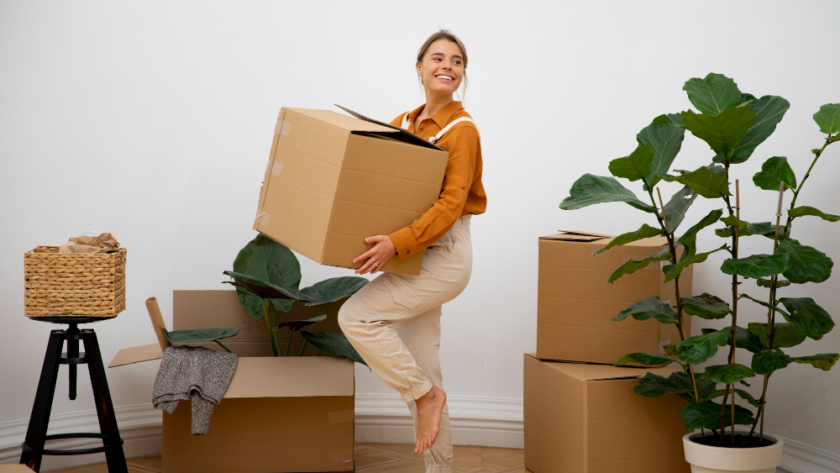 Alt: "Boîtes de déménagement et articles essentiels pour un premier emménagement réussi"