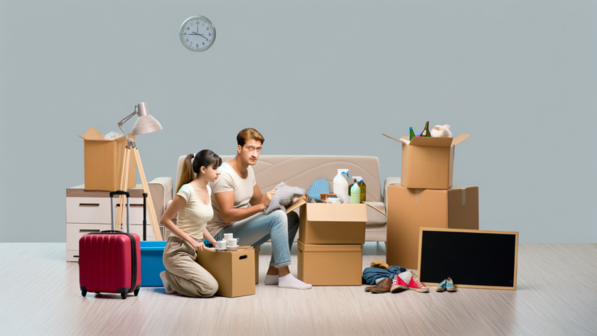 "Couple heureux emballant des cartons pour déménager et suivre le travail du conjoint, guide ultime pour une transition sans stress"