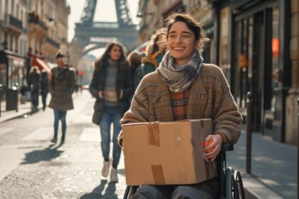 Alt d'image: "Personne en fauteuil roulant consultant les aides financières pour déménagement à Paris